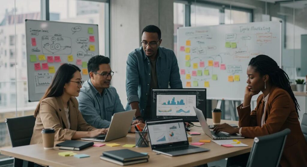 Diverse digital marketing team collaborating in a modern office, emphasizing teamwork and strategy