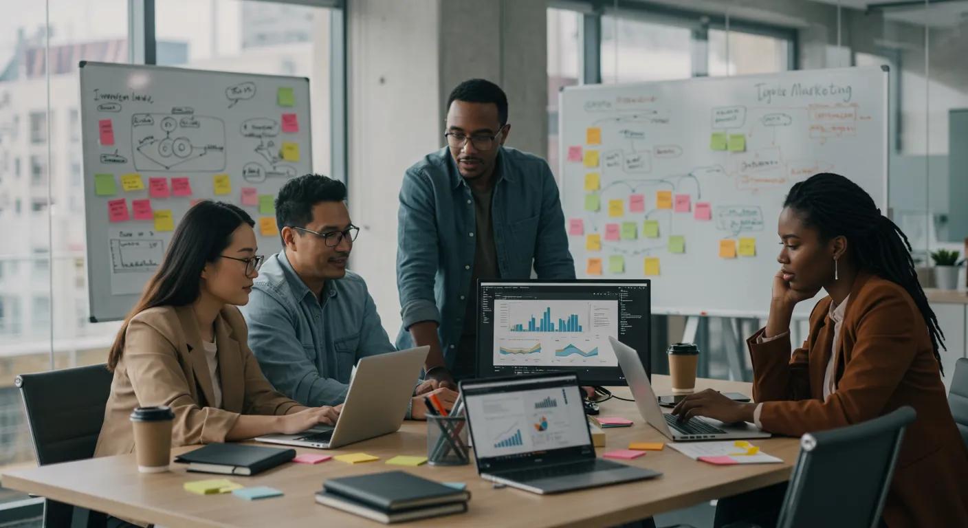 Diverse digital marketing team collaborating in a modern office, emphasizing teamwork and strategy